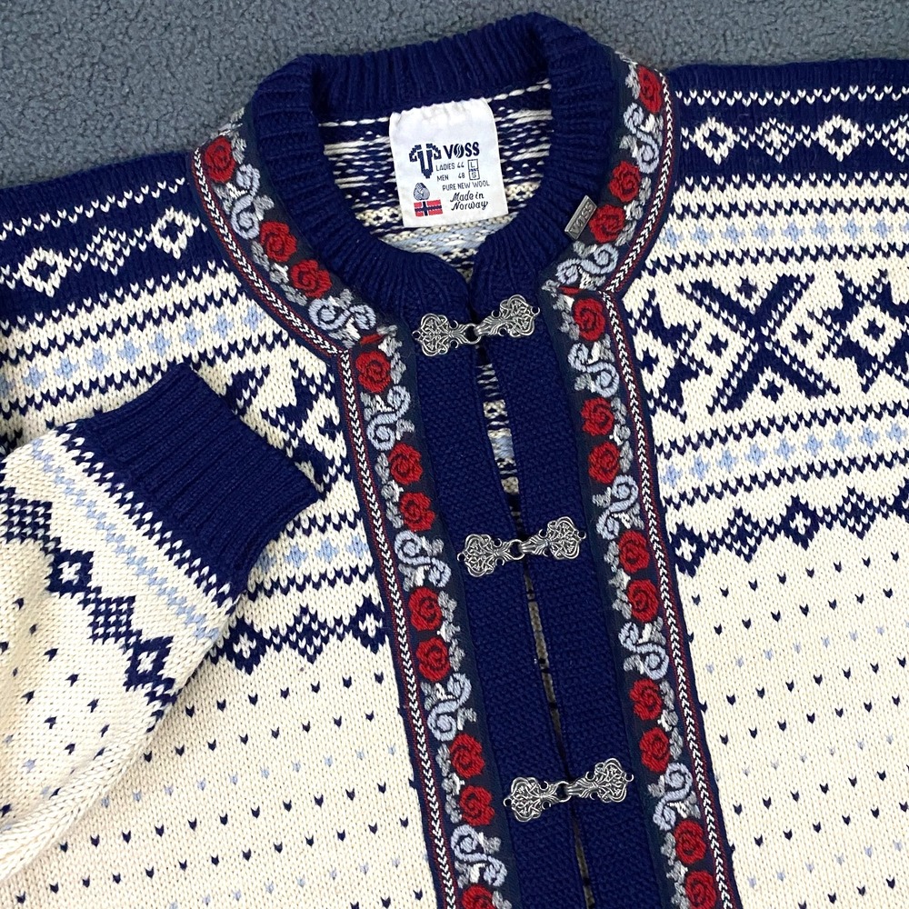 Vintage Voss Cardigan Sweater Mens S, Womens L Nordic Fair Isle Wool Made Norway